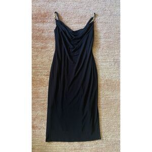 Black Cowl Neck Bodycon Dress with Rhinestone Chain Straps, Size S